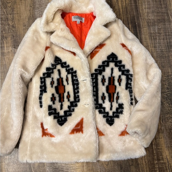 Ecote Jackets & Blazers - Ecote Cream Teddy Jacket with Tribal Design